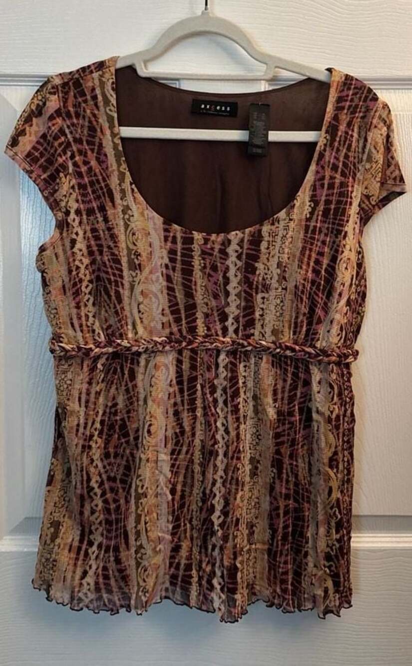Axcess Liz Claiborne Women's XL Mesh Empire Waist Top Abstract Print Cap Sleeve